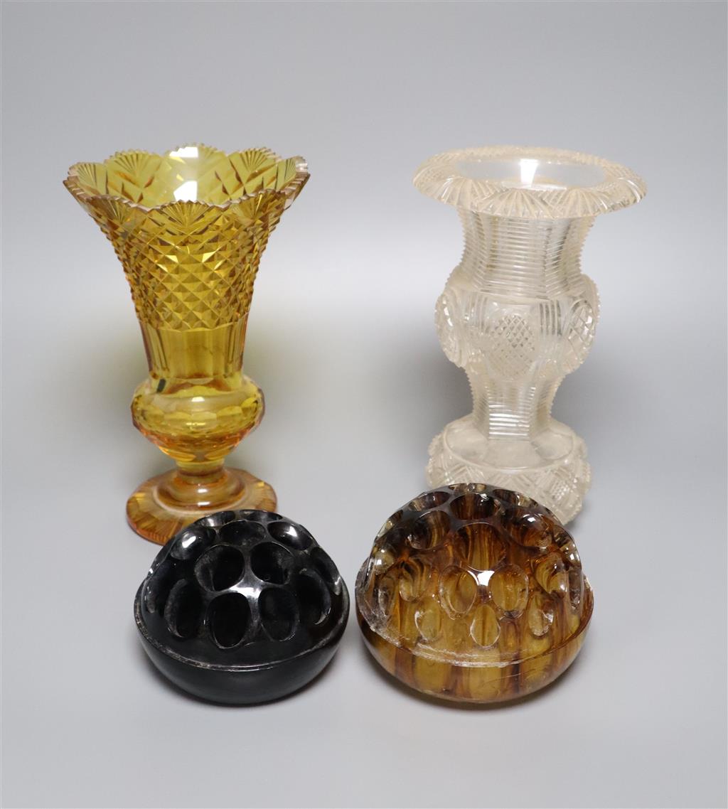 A Bohemian glass vase, a baluster vase and two glass frogs, tallest 22cm